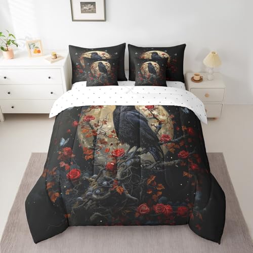 Black Red Gothic Rose Comforter Set with Sheets 7 Piece Full Bedding