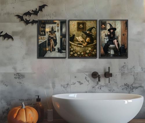 Witch Bathroom Wall Art Poster Set - Gothic Black Cat & Witch Reading in Bathtub, 24x16 Inches, Dark Academia Decor, Halloween & Gothic Home Decor Variation of THIS listing