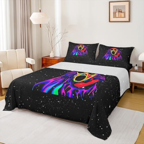 Blacklight Horror Skull Pattern Full Bed Sheets Set - Kids Halloween Bedding with Pillowcases (Variation of Multi 0108)