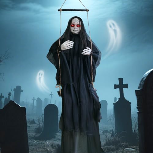 Halloween Hanging Ghost Decoration with Glowing Eyes & Sound - Indoor/Outdoor Spooky Ghost Girl