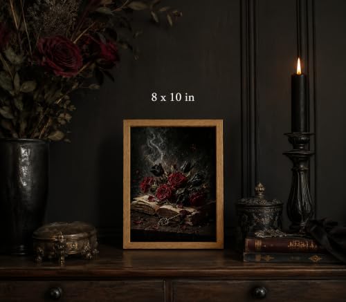 Moody Floral Wall Art - Dark Gothic Book & Roses Frame, 10x8 Inches