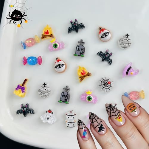 Pink Halloween Nail Charms Set - 100pcs Cute 3D Pumpkin, Ghost & Web Designs