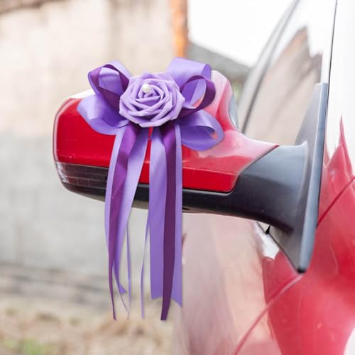 Purple Wedding Car Flower Decorations Set - Artificial Roses & Ribbon Bows, 12 Pieces