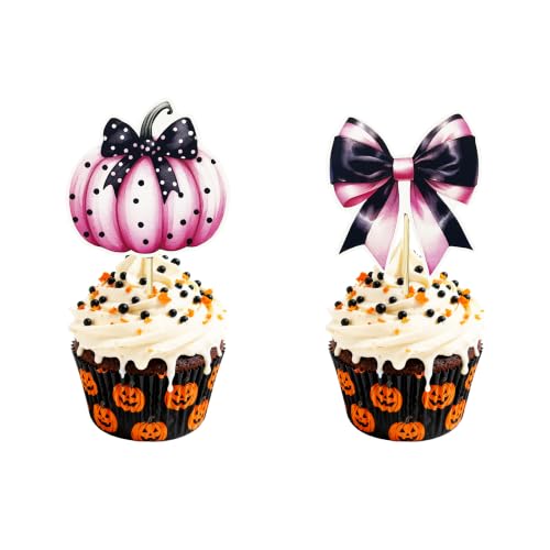 Halloween Cupcake Toppers Set - Pumpkin & Bow Cake Decorations, 36 Pcs