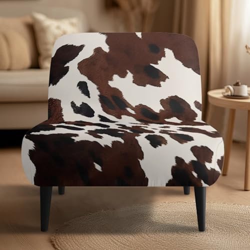 Brown Cow Print Armless Accent Chair Cover Slipcover - Stretch Soft Non-Slip Furniture Protector