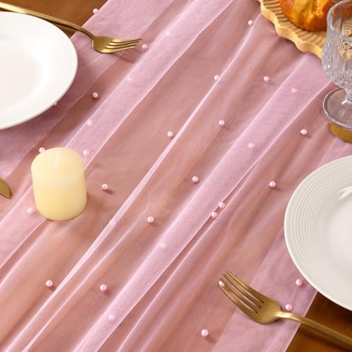 Pink Pearl-Decorated Table Runner 3 Pack 10FT Fall Tulle Gauze Boho Chic