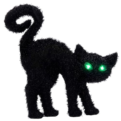 Black Cat Silhouette Halloween Decor with Glowing Green Eyes & Timer - Indoor Feline Accent