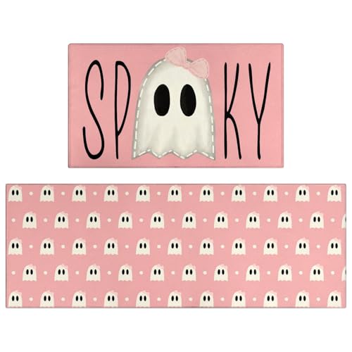 Halloween Kitchen Mat Set of 2 Polka Dots Spooky Ghost Floor Rugs Non-Slip Washable Home Decor 2026