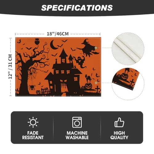 Halloween Haunted House Placemats Set of 4 - Orange Spooky Table Mats 12x18 Inch