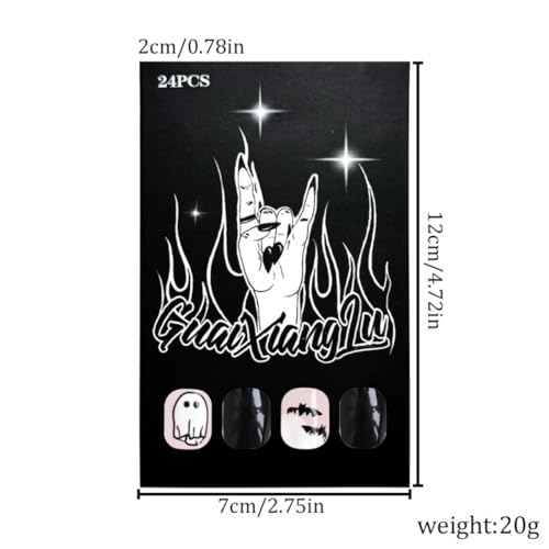 Halloween Press On Nails Short Oval Ghost Bat Design - Style-6, Black Pink