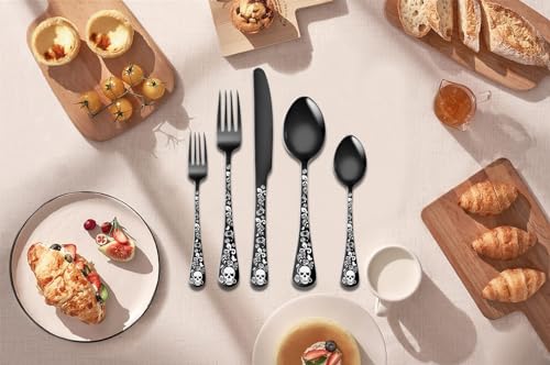 Halloween Skeleton Skull Silverware Set for 4 - Black Flatware Cutlery