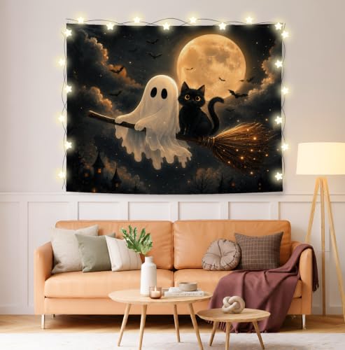 Halloween Ghost Black Cat Tapestry - Night Sky Wall Decor 50x60 - Moonlit Broom Ghost Cat Variant