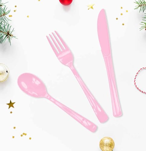 Light Pink Disposable Plastic Cutlery Set for 25 Guests - Knives Forks Spoons