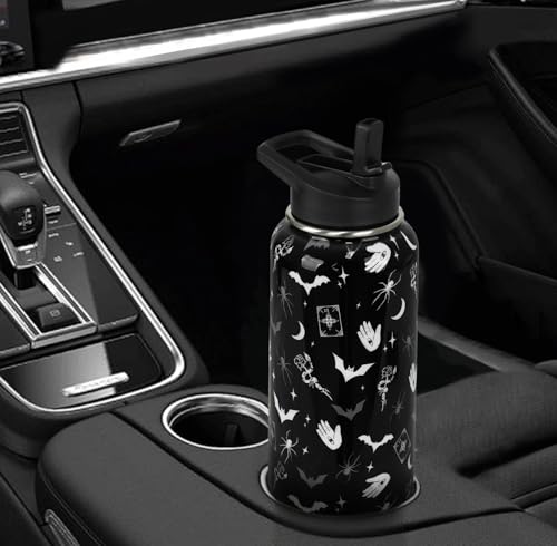Goth Water Bottle with Straws 32oz Insulated Stainless Steel - Black Gothic Design
