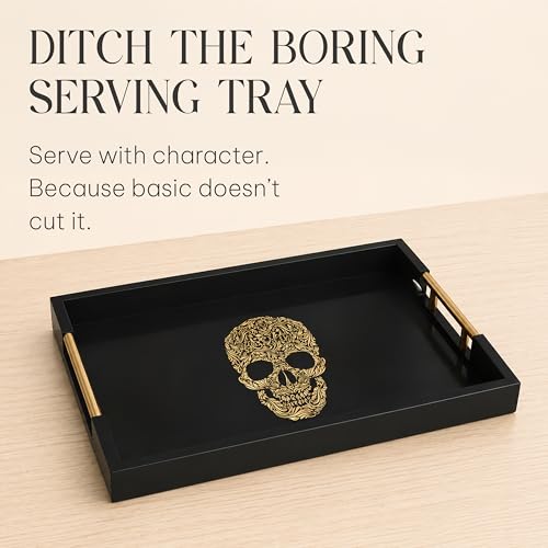 Gothic Skull Serving Tray with Black Gloss Finish & Gold Handles - Variation: SKULL