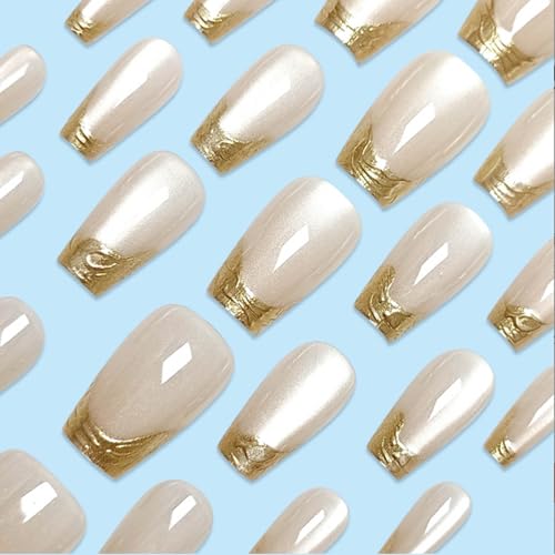24Pcs Short Square French Cat's Eye Press-On Nails Glossy Fake Nails
