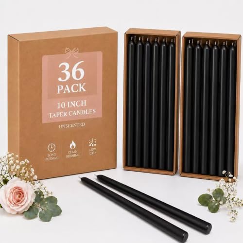 Black Taper Candle Set - 36 Unscented 10 Inch Dripless Candles for Weddings