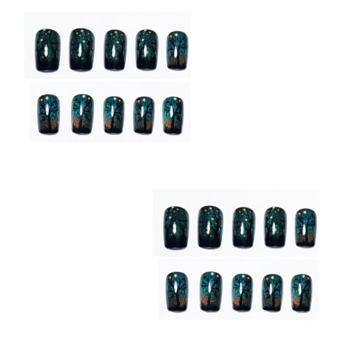 Halloween Press On Nails Medium Square with Dark Night Forest Moon & Star - Style3