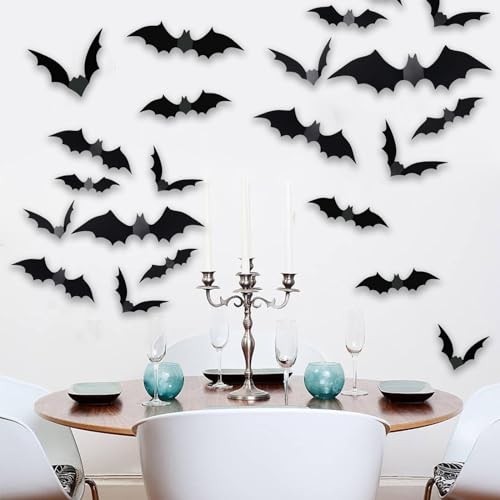 Halloween Bat Wall Decor Set - 72pcs 3D Scary Bat Stickers for Indoor Outdoor Home Decor - Black Variation
