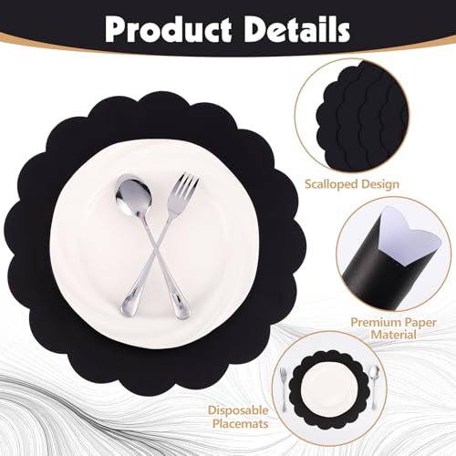 Black Paper Placemats 13.5 Inch Scalloped Halloween Table Decor - 60 Pcs