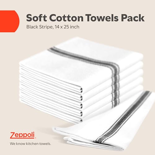 Zeppoli 15 Pack Kitchen Towels - Black Stripe 14x25 Natural Cotton Reusable Dish Cloths