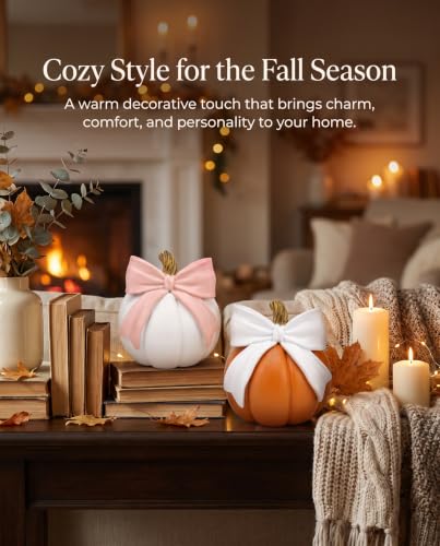 8-Inch Oversized Pumpkin Duo with Bow - Fall Indoor Outdoor Decor Set