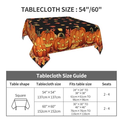 Halloween Tablecloth 54x54 Inch Square Spooky Pumpkin Leaves Water-Resistant Fabric