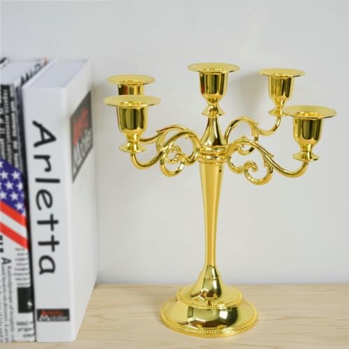 Black 5-Candle Metal Candelabra for Pillar & Taper Candles 10.6 Inch Tall Home Decor - Glod
