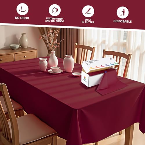 Burgundy Plastic Table Cover Roll 54 Inch x 2400 Inch with Slide Cutter for Events