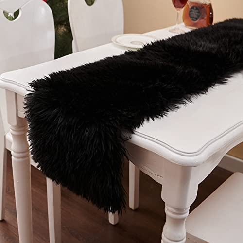 Faux Fur Table Runner 11.8x59.1 Inch Black Furry Dresser Cover Decor