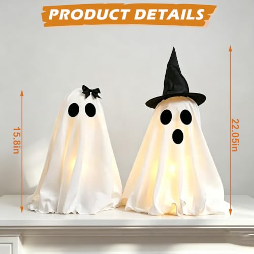 Light-Up Halloween Ghost Decorations Set - Spooky LED Tabletop Ornaments with Bow & Witch Hat, Indoor Mantel Decor, 2 Pack