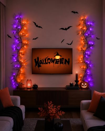 8 Modes 6 Ft Halloween Vine Lights with Purple & Orange LEDs, Timer, Battery Operated