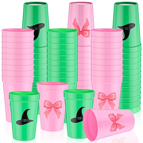 24 Pack Pink and Green Plastic Cups with Witch Hat Design, 12 oz Party Cups for Celebrations