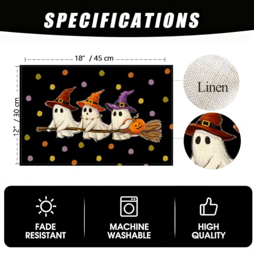 Halloween Ghost Table Placemats Set of 4 - Black, 18 x 12 Inches, Polyester