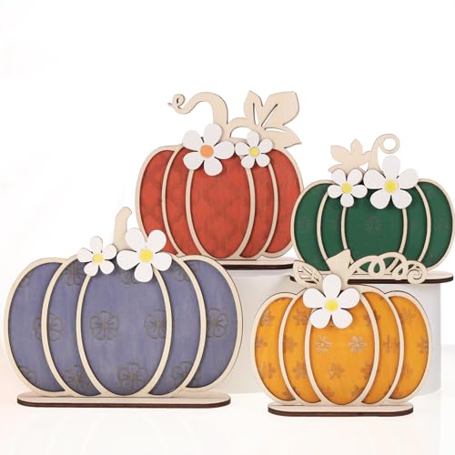 Thanksgiving Fall Pumpkin Wooden Tabletop Signs - Autumn Decor Set with Earthy Colors