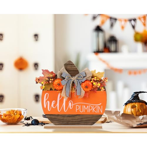 Fall Wooden Hello Pumpkin Sign - Autumn Decor, Tabletop Halloween & Thanksgiving