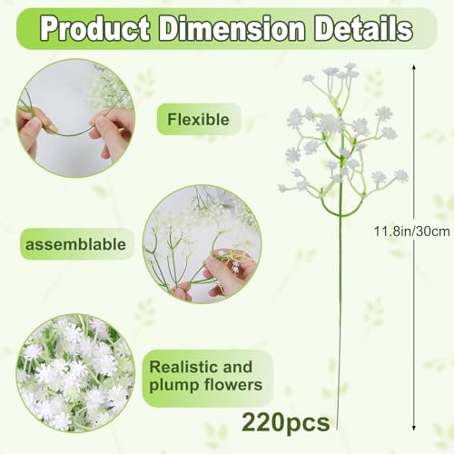 Baby's Breath Artificial Flowers Bulk 220 Pcs - Real Touch White Fake Flowers for Wedding & Decor