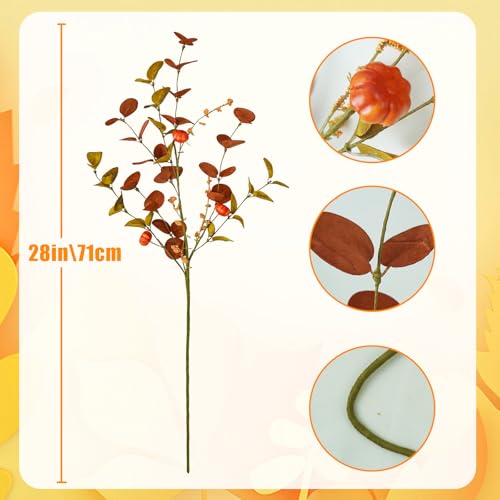 Autumn Orange 8 Pcs Fall Eucalyptus Stems with Pumpkins - Fall Home Decor