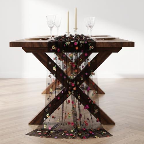 Black Embroidered Floral Tulle Table Runner 10FT Set of 6 - Halloween Decor