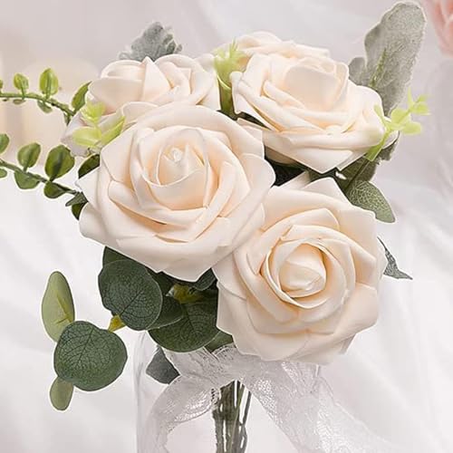 Artificial Roses for Wedding Bouquets - Champagne, 50 Stems - Realistic Fake Flowers for Decor & DIY Arrangements