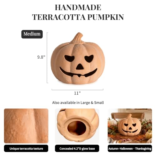 NUPTIO Handmade Terracotta Pumpkin Lantern - Medium 9.8" H Fall Halloween Decor