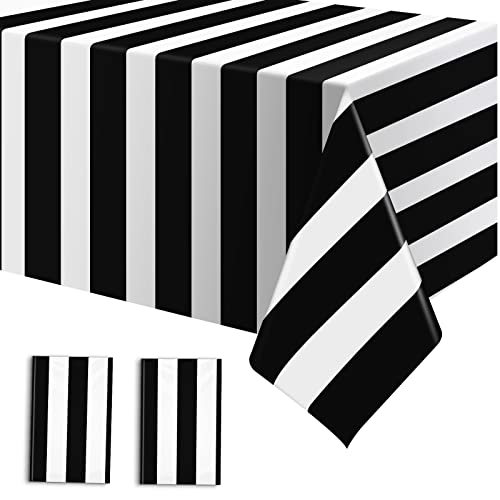 Black & White Striped Waterproof Disposable Tablecloths - 2 Pack, 54 x 108 Inches, Halloween Party Decor