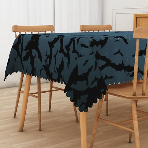 Halloween Tablecloth 54x108 Inch Navy Blue Scary Bats Silhouette Waterproof Washable