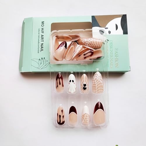 Halloween Fake Nails - Red Spider & Ghost Design Press-On Almond Nails, Reusable, 24Pcs
