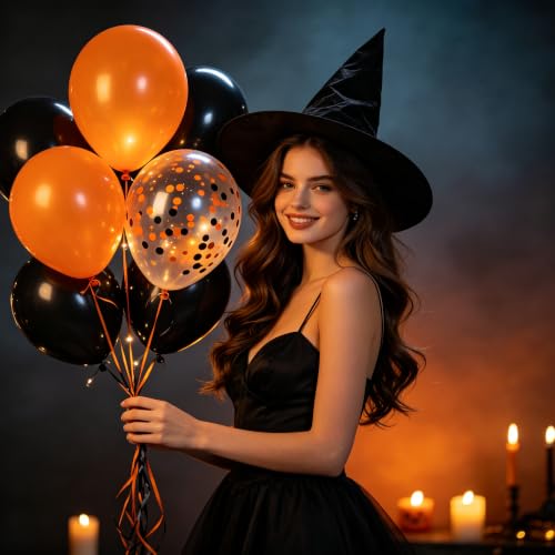 Halloween Balloons Set 50pcs 12in Latex Decorations - Orange, Black & Confetti, Variation: Orangeblack