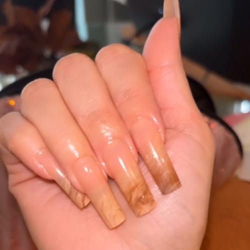 IMRAIN Long Square Press On Nails - Brown Marble Gradient A-19 Variation 24 Pcs