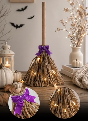 Lighted Ghost and Witch Broom Halloween Decoration Set - Adjustable Display