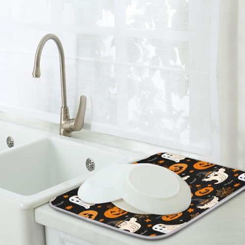 Halloween Dish Drying Mat - 18x24 Inch Pumpkin Ghost Spooky Web Design - Super Absorbent Microfiber Kitchen Counter Mat - Extra Large