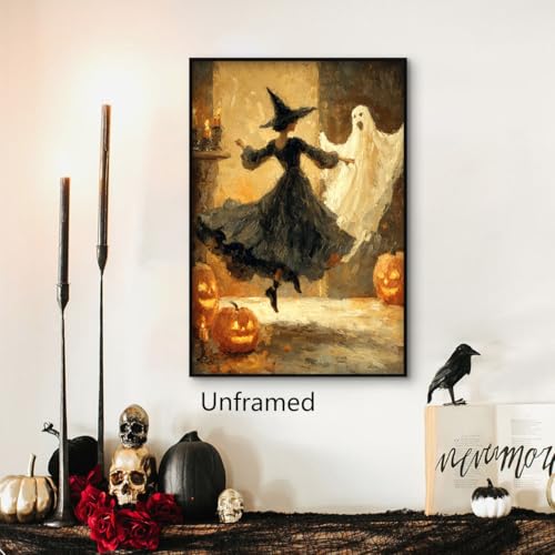Halloween Witch & Ghost Canvas Wall Art - Unframed 8x12in Moody Gothic Decor - Dancing Witch & Ghost Variation