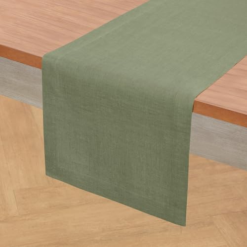Pure Linen Table Runner - 14x48 Inch Oil Green Woven Fete, Handcrafted, EcoCertified